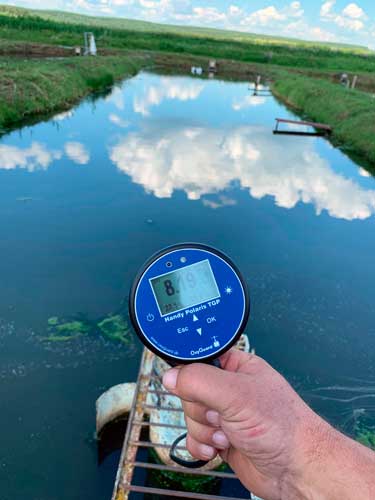 Концентрация кислорода на вытоке из пруда через 170 минут работы оксигенатора