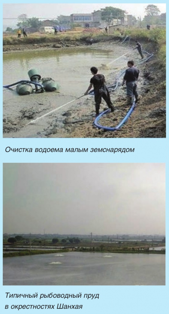 Очистка водоема малым земснарядом. Типичный рыбоводный пруд в окрестностях шанхая Очистка водоема малым земснарядом. Типичный рыбоводный пруд в окрестностях Шанхая