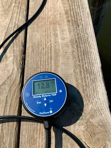 Концентрация кислорода на середине пруда через 170 минут работы оксигенатора